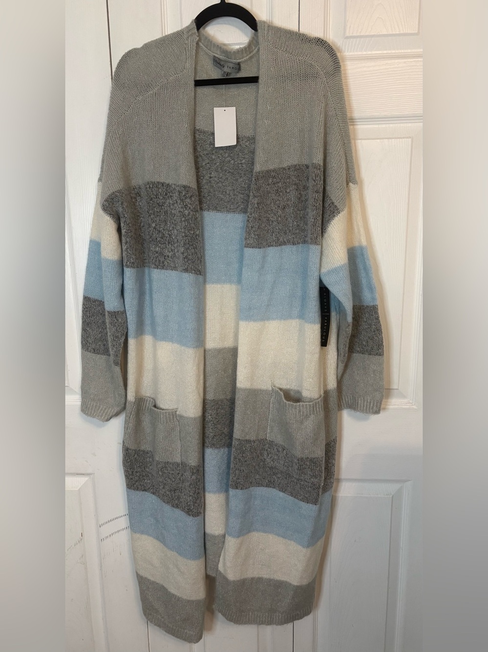 Striped Open-Front Long Cardigan Sweater Duster Light Blue, Gray, Cream NWT 3X